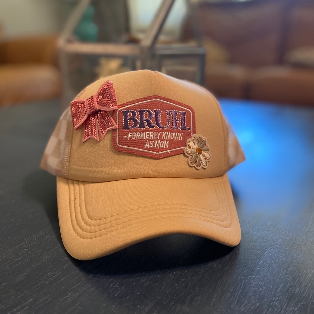 NEW Handmade Tan Trucker Hat with Pink Patch and Bow Checkered Back